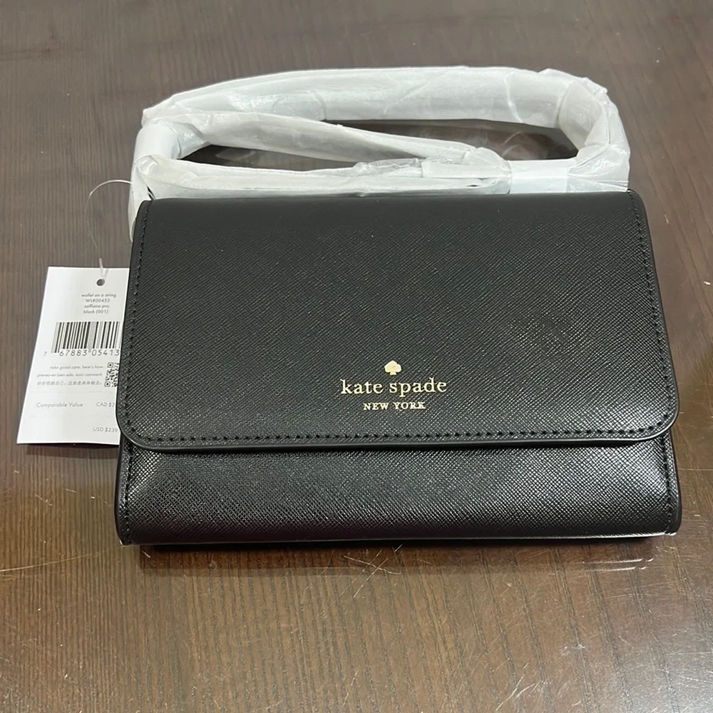 KATE SPADE NEW YORK DANA WALLET ON A STRING. Black PVC Nwt